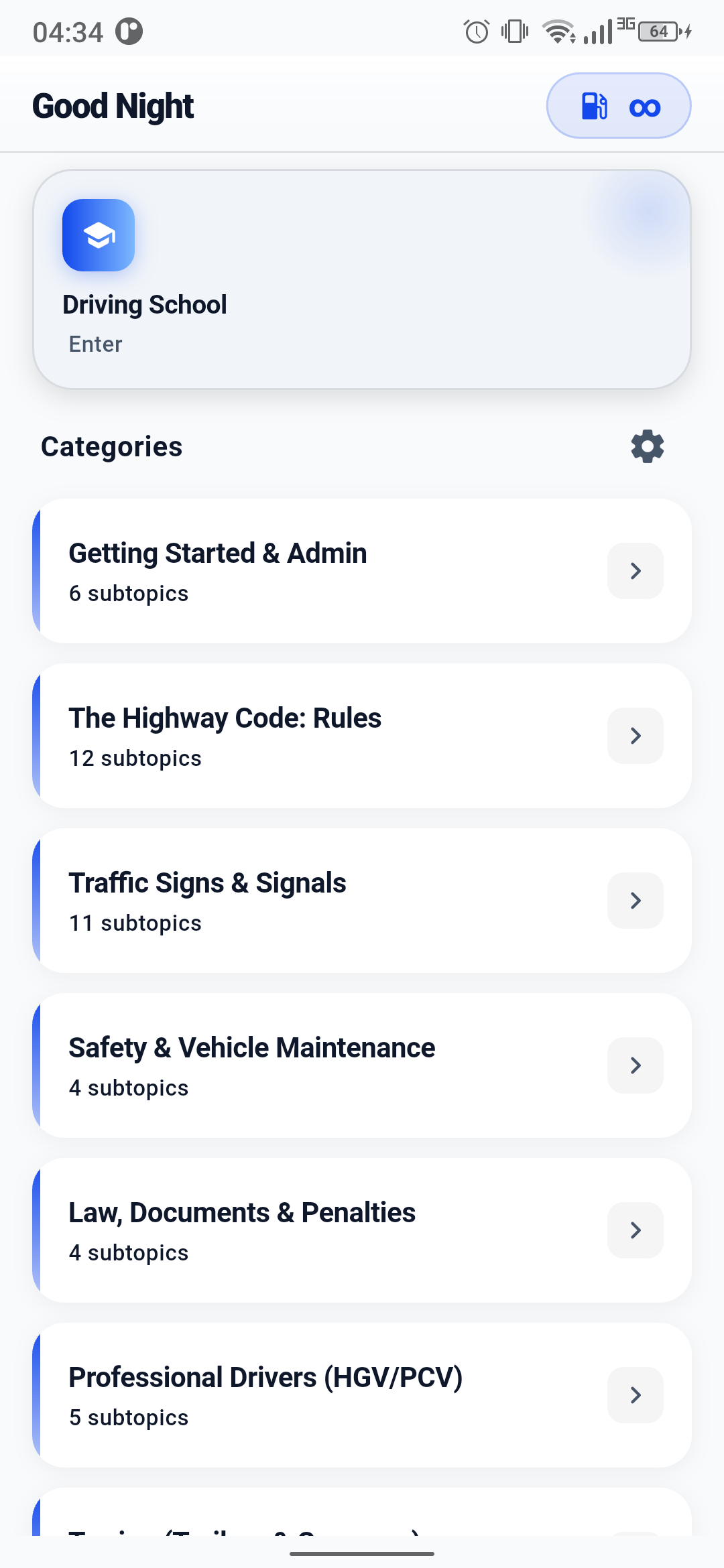 App home screen showing lesson categories