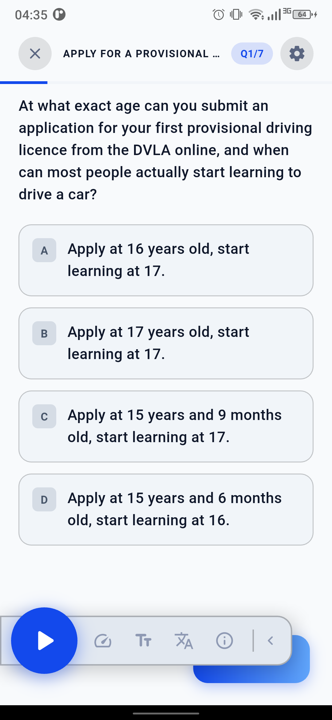 Quiz screen with multiple choice answers